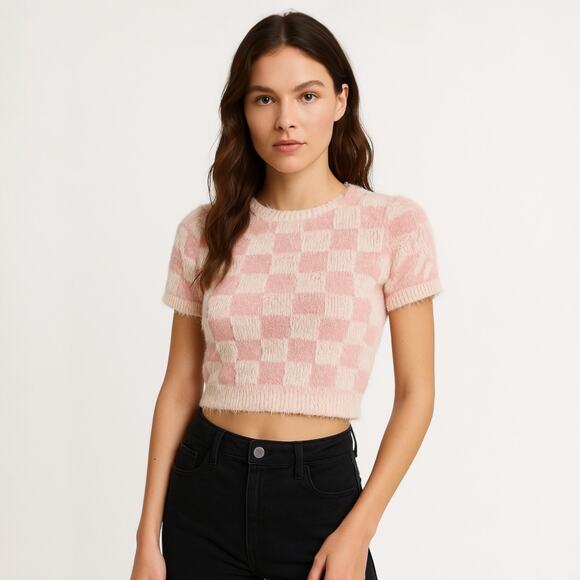 Forever 21 Pink White Checkered Plaid Faux Fur Short Sleeve Crop Sweater Top S - Picture 1 of 4